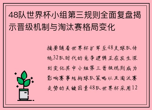 48队世界杯小组第三规则全面复盘揭示晋级机制与淘汰赛格局变化